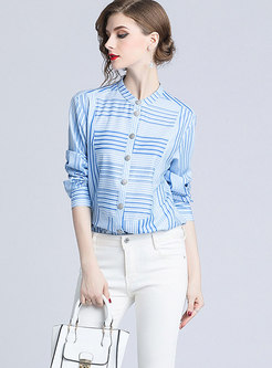 Brief Blue Standing Collar Single-breasted Blouse