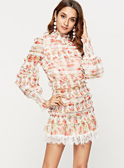 Print Ruffle Collar Top & High Waisted Layered Skirt