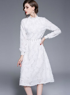 Brief White Standing Collar High Waist Dress