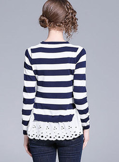 Casual Blue-white Striped Lace Paneled Sweater