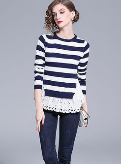 Casual Blue-white Striped Lace Paneled Sweater