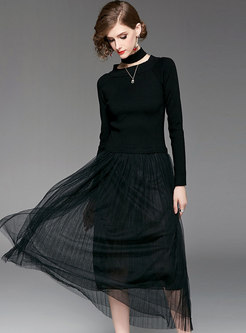 Trendy Black Mesh Splicing Slim Dress