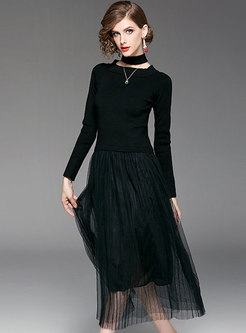 Trendy Black Mesh Splicing Slim Dress