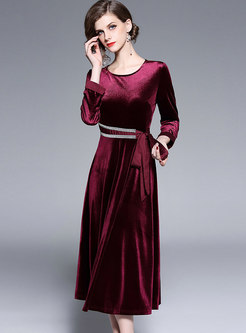 Trendy Wine Red Stitching Velvet Tie-waist Maxi Dress