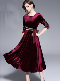 Trendy Wine Red Stitching Velvet Tie-waist Maxi Dress