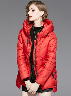 Stylish Red Hooded Zipper Asymmetric Down Coat