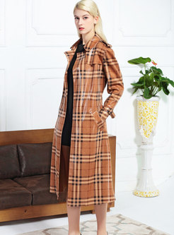 British Plaid Suede Tie-waist Straight Trench Coat With Pockets