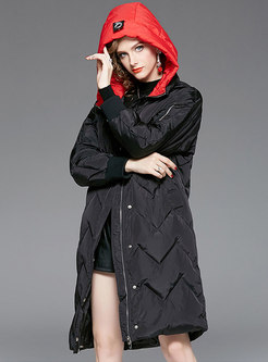 Color-blocked Hooded Zipper Straight Down Coat