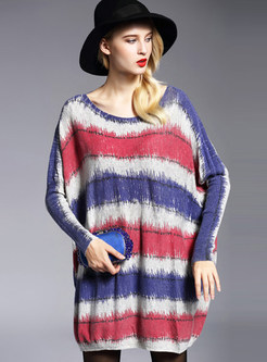 Long Sleeve Color-blocked Plus Size Long Sweater