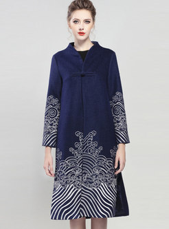 Trendy Blue V-neck Embroidered Straight Coat