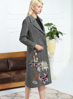 Trendy Long Sleeve Notched Slim Embroidery Blend Coat