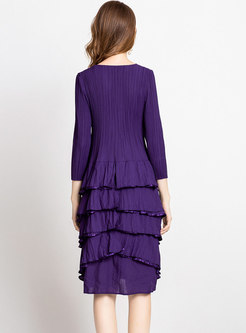 Solid Color V-neck Elastic Layered Dress