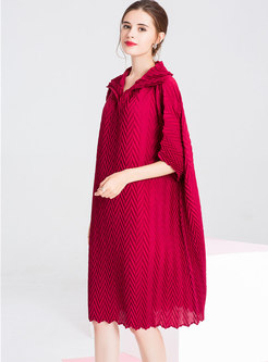 Stylish Pure Color Lapel Half Sleeve Pleated Dress