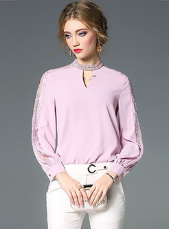 Pink Lace Splicing Pullover Blouse