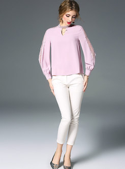 Pink Lace Splicing Pullover Blouse