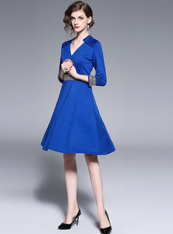 Stylish Blue V-neck Three Quarters Sleeve Skater Dress