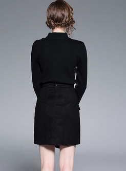 Casual Black Turtleneck Sweater & Asymmetric Mini Skirt