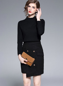 Casual Black Turtleneck Sweater & Asymmetric Mini Skirt