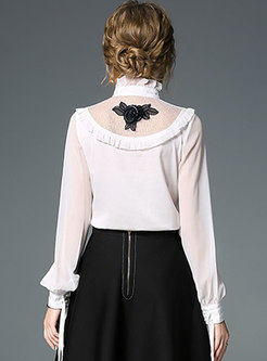 Chic Lace Splicing Ruffled Collar Embroidered See-through Blouse