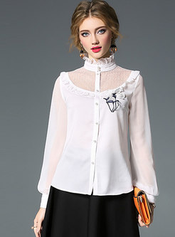 Chic Lace Splicing Ruffled Collar Embroidered See-through Blouse
