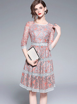 Trendy Crew-neck Lace-paneled Hollow Out Dress