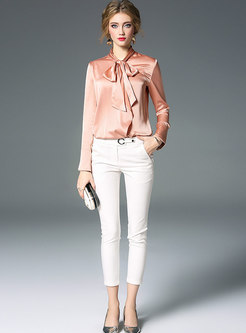 Pure Color Tied-collar Single-breasted Blouse