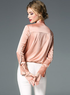 Pure Color Tied-collar Single-breasted Blouse