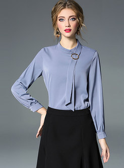 Elegant Pure Color Stand Collar Tie Blouse