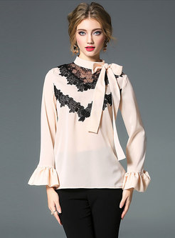Lace Splicing See-through Flare Sleeve Bowknot Blouse