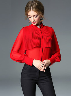 Solid Color Lantern Sleeve Pleated Blouse