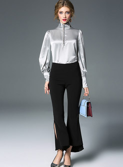 Brief Solid Color Stand Collar Zipper Blouse