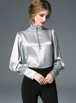 Brief Solid Color Stand Collar Zipper Blouse