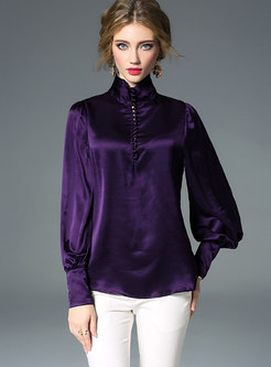 Brief Solid Color Stand Collar Pullover Blouse
