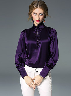 Brief Solid Color Stand Collar Pullover Blouse