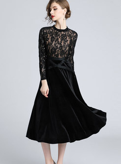 Trendy Black Lace Guipure High Waist A Line Dress