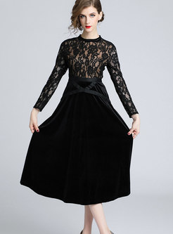 Trendy Black Lace Guipure High Waist A Line Dress