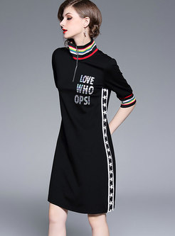 Casual Stand Collar Zip-up Multicolor Striped Dress