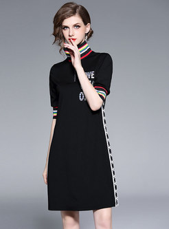 Casual Stand Collar Zip-up Multicolor Striped Dress