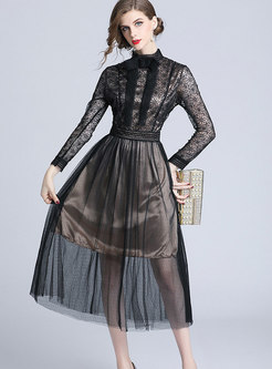 Black Standing Collar Embroidered Lace Stitching Dress