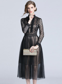 Black Standing Collar Embroidered Lace Stitching Dress