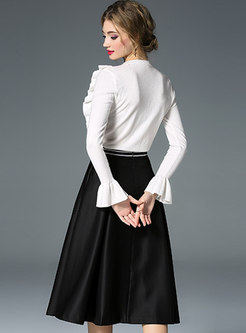 White Flare Sleeve Falbala Knitted Top & Black High Waist A Line Skirt