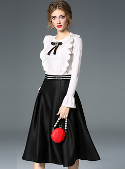 White Flare Sleeve Falbala Knitted Top & Black High Waist A Line Skirt