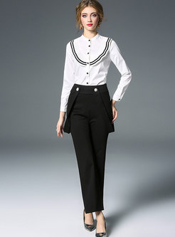 Color-blocked Single-breasted Falbala Blouse & Black High Waist Flare Overalls