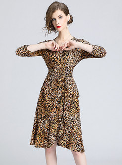 Autumn V-neck Leopard Print Ruffled Hem Dress