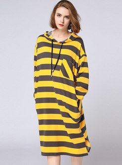 Striped Hooded Side-slit Shift Dress