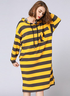 Striped Hooded Side-slit Shift Dress