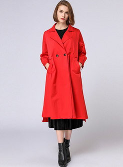 Red Turn Down Collar Gathered Waist Trench Coat