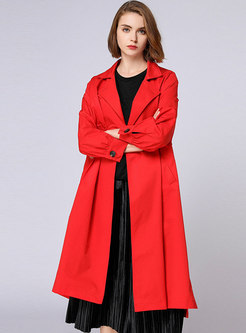 Red Turn Down Collar Gathered Waist Trench Coat