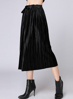 Pure Color Elastic Waist Velvet Pleated Skirt