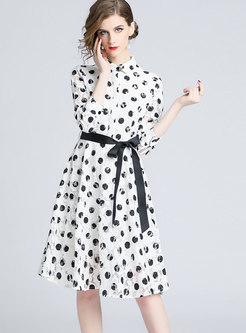 Brief Black-white Dots Belted Lace Patch Skater Dress